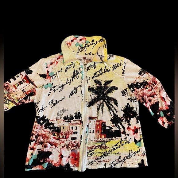 Onque Casuals tropical zip 3/4 sleeve shirt jacket rhinestone palm trees L - Picture 3 of 11